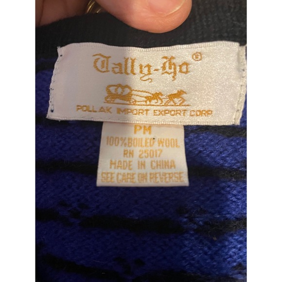 Vintage Cardigan Blue Boiled Wool Floral Sweater PM Folk Cottage - Picture 4 of 5